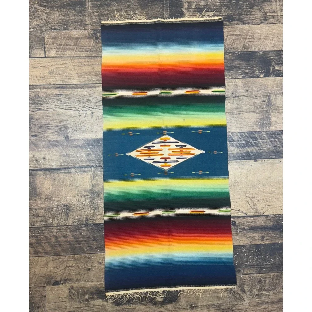 Antique Southwestern Serape Blanket Rug‎ Table Runner Fringe Teal Diamond
